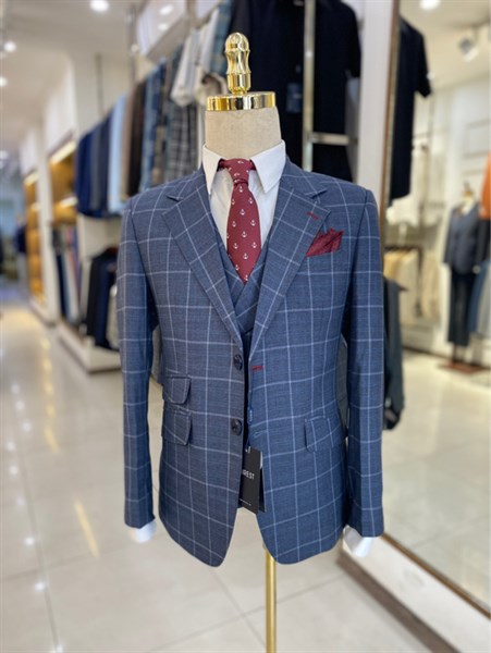 Áo vest xanh xám caro ghi