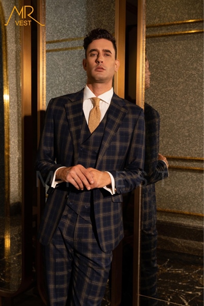 Notch lapel tartan charcoal blue jacket