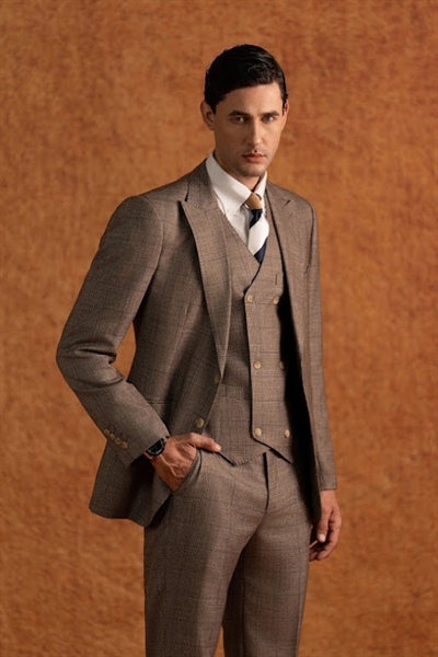 Peak lapel plaid brown jacket M