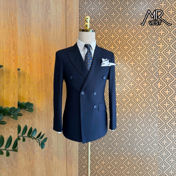 Double - breasted Blue Suit Jacket with Subtle Pattern S