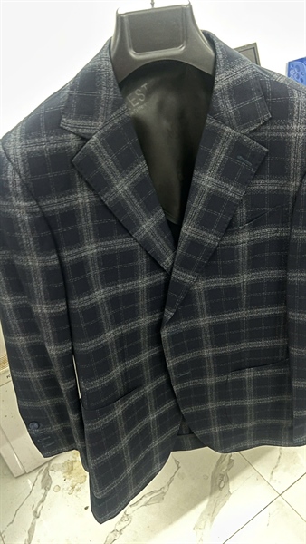 Notch lapel tartan charcoal blue blazer L