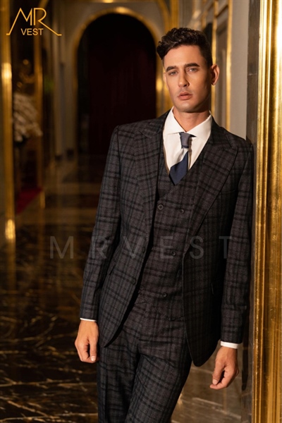 Peak lapel tartan silver black jacket S