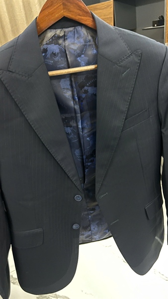 Peak lapel pinstripe charcoal purple trousers XL