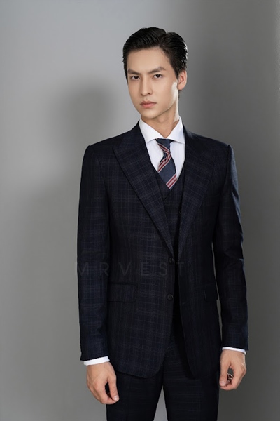 Peak lapel pinstripe plaid charcoal purple jacket M